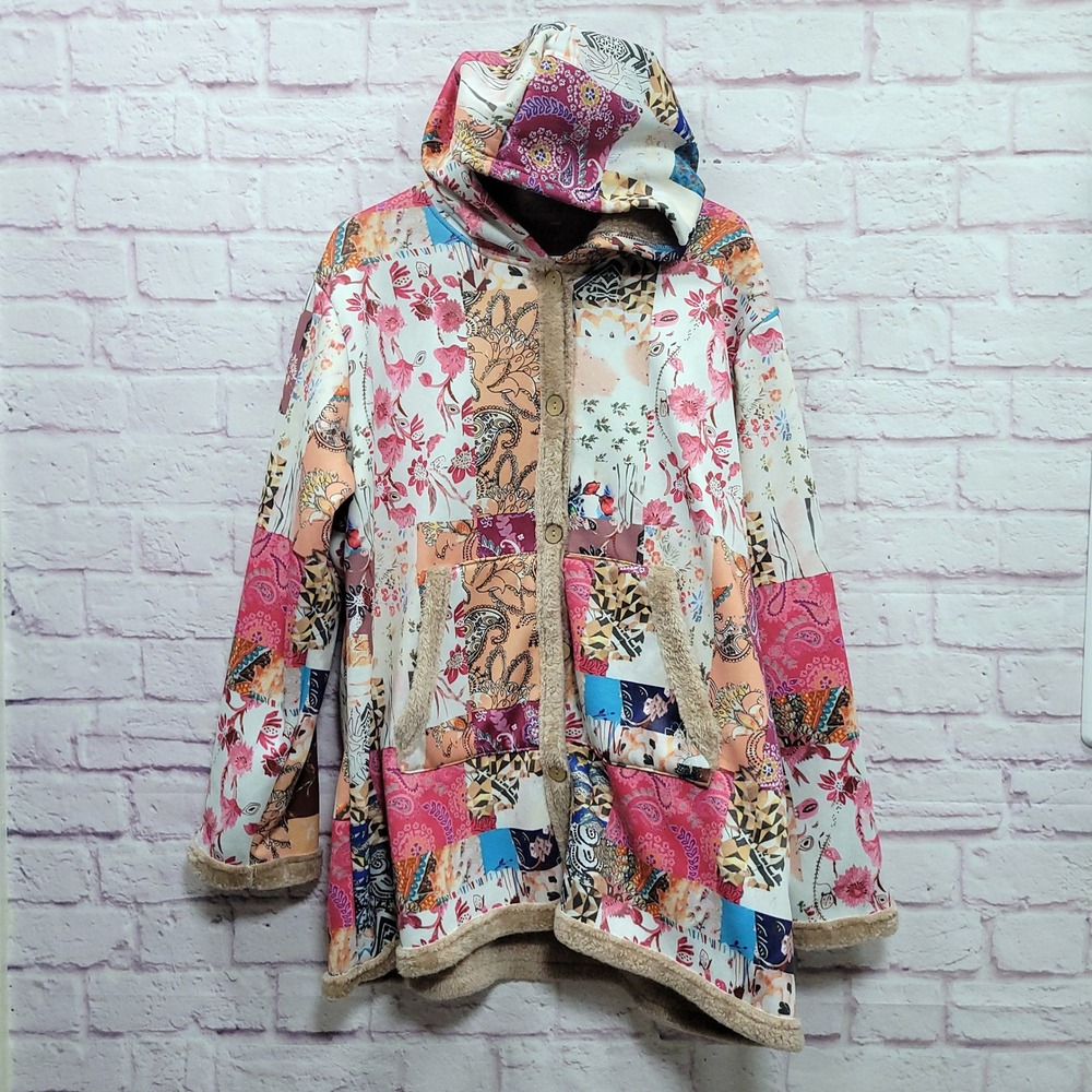 Boho Floral Patchwork Fleece Lined Hoodie Jacket 1X Sherpa Paisley Boho Hippie